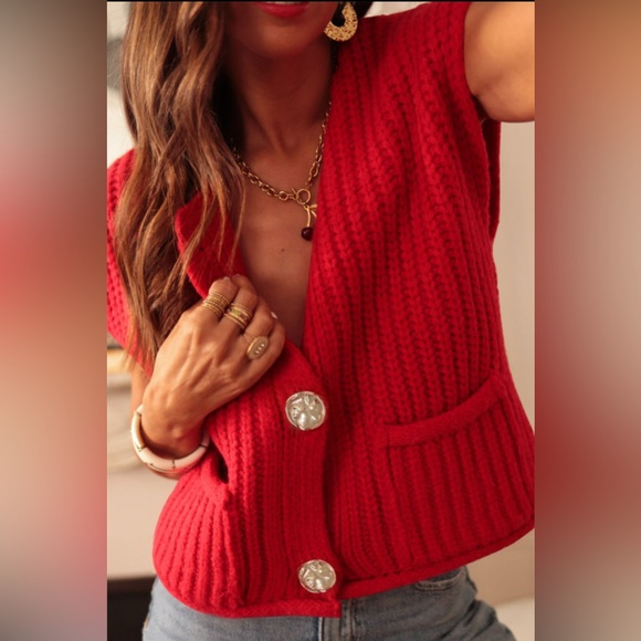 Sweaters - Betsy- fiery red solid textured knit side pockets buttoned up sweater